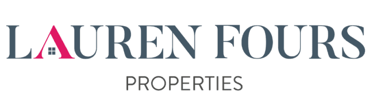 LAUREN FOURS PROPERTIES logo on a dark grey background, professional branding for real estate services, featuring a modern font and distinctive pink and blue color scheme.
