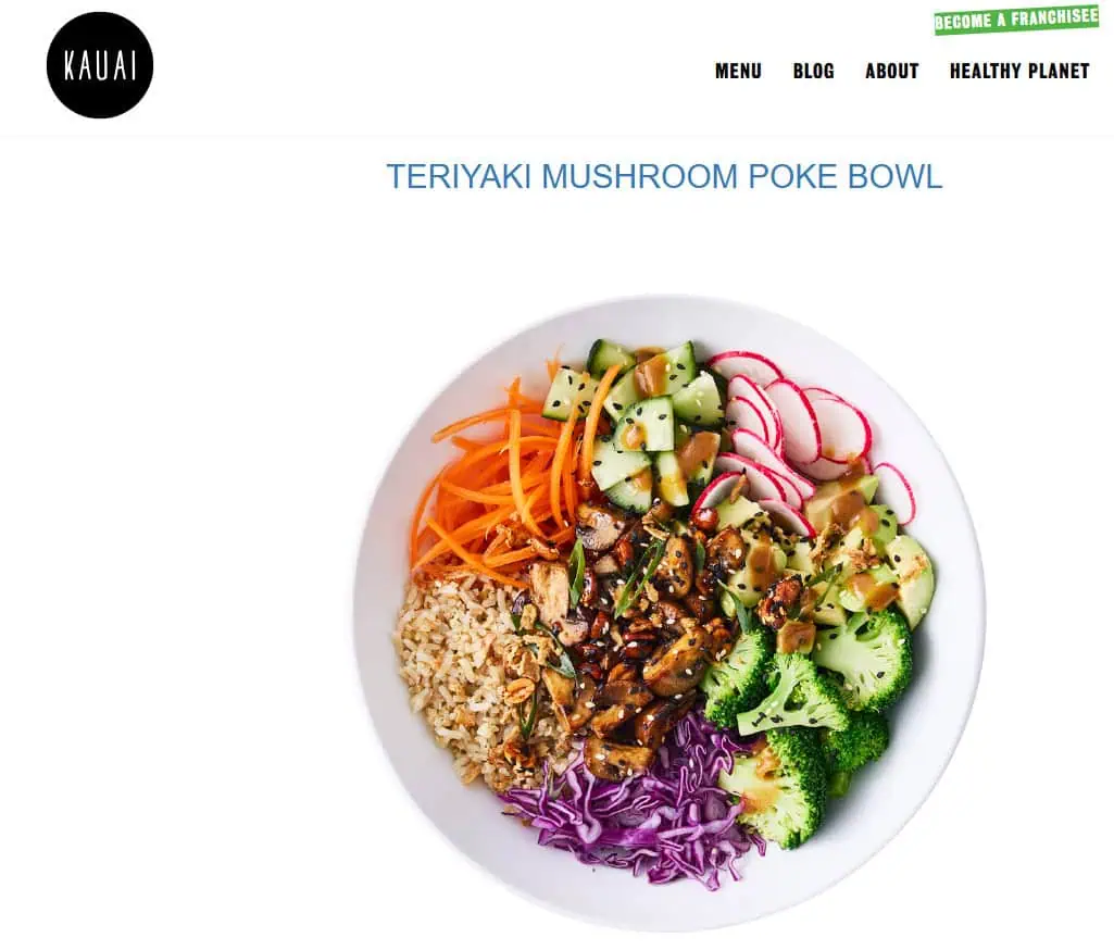 Freshly prepared teriyaki mushroom poke bowl with colorful vegetables including broccoli, radishes, cucumbers, carrots, purple cabbage, and brown rice on a white plate.