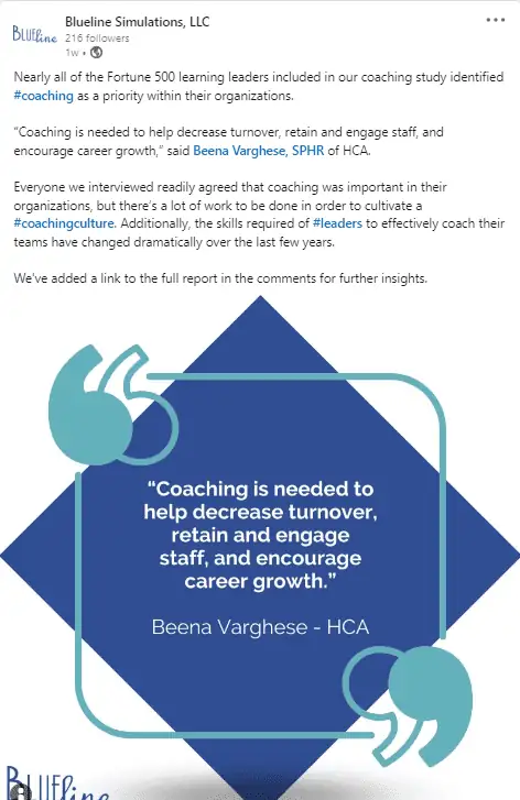 Coaching and leadership development visual featuring a quote about coaching importance for reducing turnover and engaging staff, included in a professional social media post.