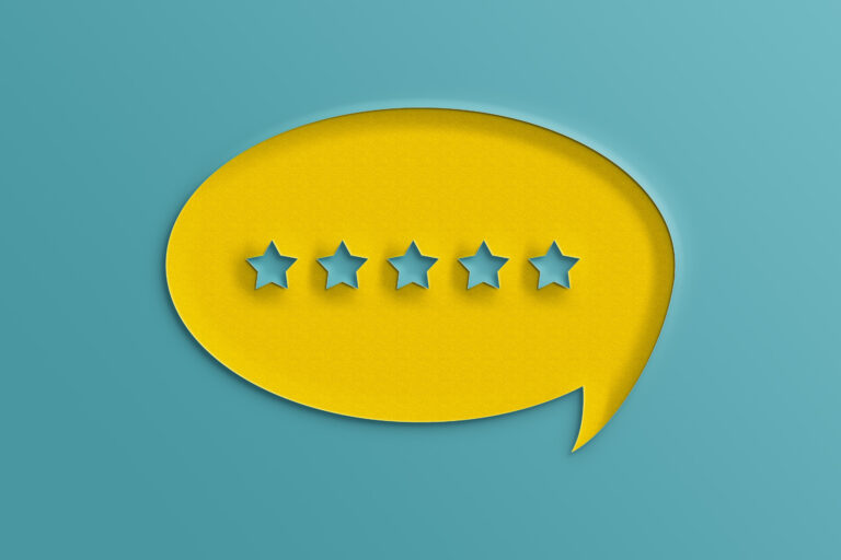 conversation bubble with 5 star review