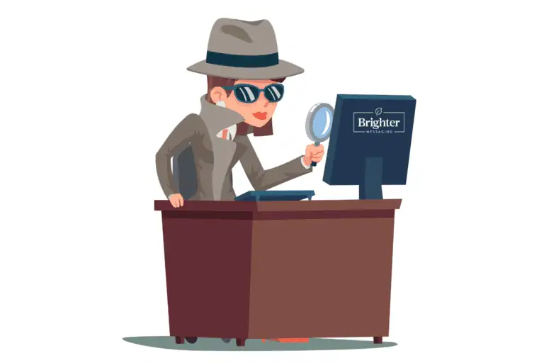 Investigator woman with magnifying glass, detective style, focusing on computer screen displaying Brighter Messaging logo, inspecting online messaging solutions for effective communication.