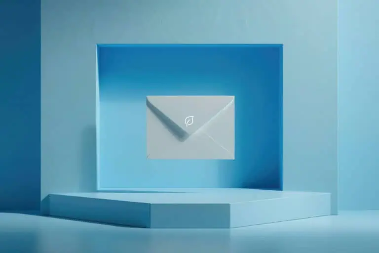 business email etiquette, blue background with floating white envelope