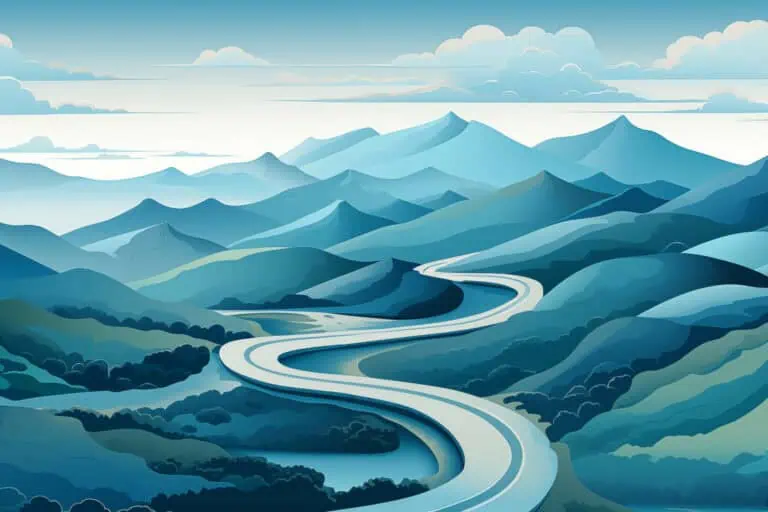 blue mountains with road, referencing marketing roadmap