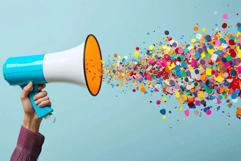 Megaphone with confetti on blue background
