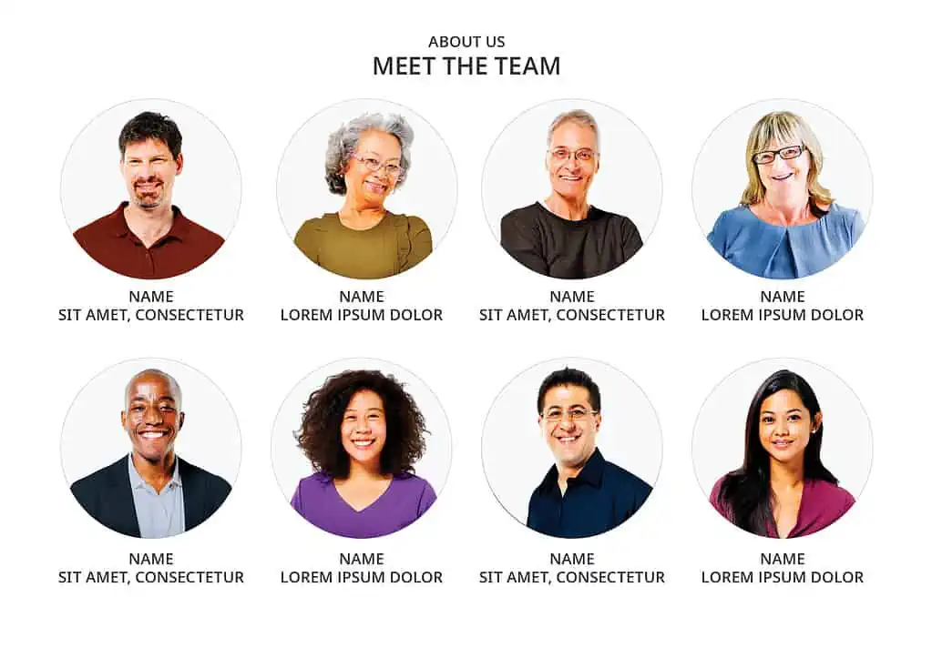 Friendly team photo for Brighter Messaging "Meet the team" page, featuring diverse professionals with name placeholders, highlighting company staff and personal connections.