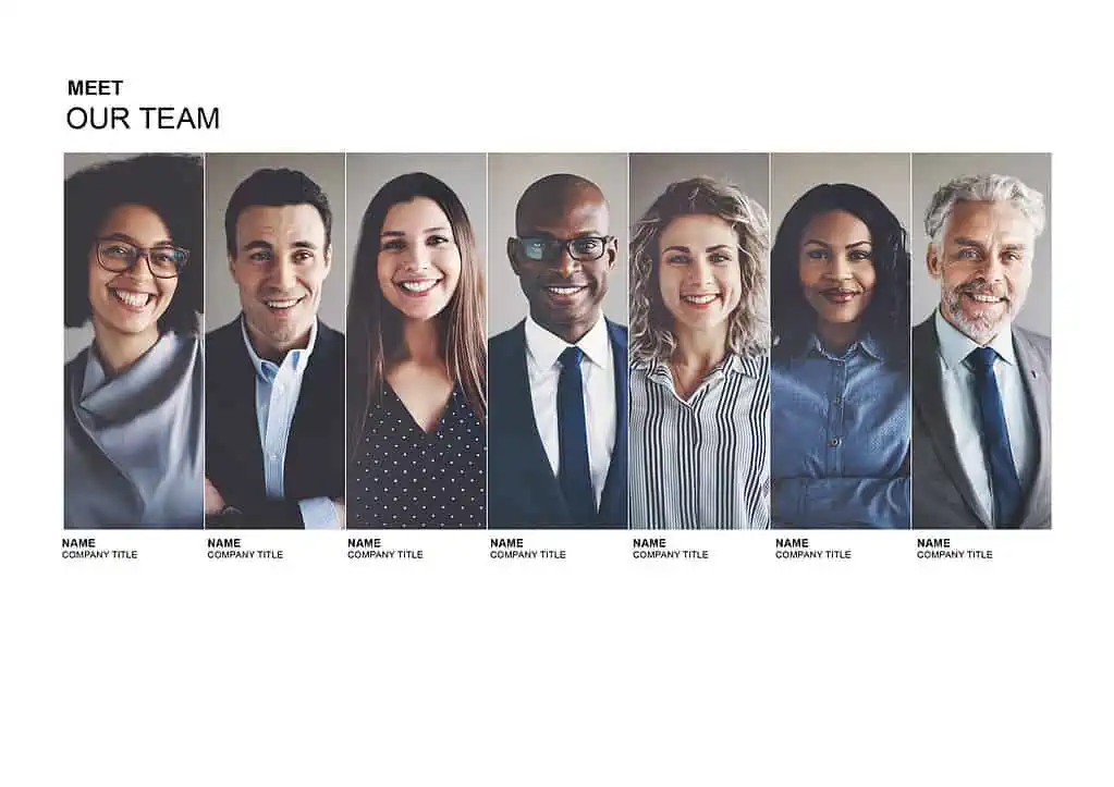 Professional diverse team members smiling in business attire, showcasing corporate teamwork, collaboration, and inclusivity.