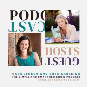 Promotional image for the Brighter Resources podcast featuring hosts Sara Jensen and Shea Karssing, highlighting their expertise in SEO and digital marketing.