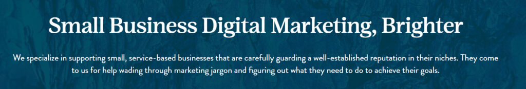 Small business digital marketing, BrighterWe specialize in supporting small, service-based businesses that are carefully guarding a well-established reputation in their niches. They come to us for help wading through marketing jargon and figuring out what they need to do to achieve their goals.