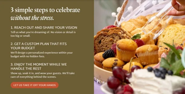 A person serving cupcakes and desserts at a celebration, emphasizing stress-free enjoyment and sharing special moments with loved ones.
