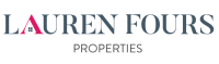 LAUREN FOURS PROPERTIES logo on a dark grey background, professional branding for real estate services, featuring a modern font and distinctive pink and blue color scheme.