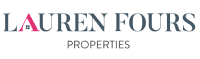 LAUREN FOURS PROPERTIES logo on a dark grey background, professional branding for real estate services, featuring a modern font and distinctive pink and blue color scheme.