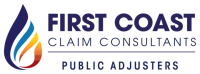A vibrant logo featuring a stylized flame with blue, orange, and yellow hues, representing First Coast Claim Consultants, a public adjuster firm.