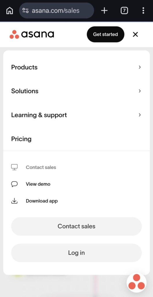 How Asana's mega menu appears on mobile
