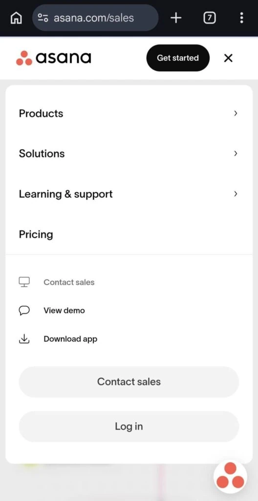 How Asana's mega menu appears on mobile