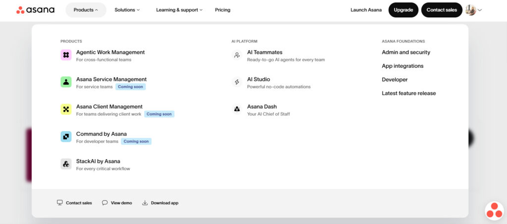 Asana website as an example of a mega menu