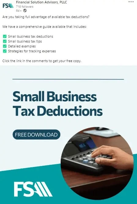 Social media graphic promoting a free small business tax deductions guide, demonstrating how to market a service business with valuable educational resources and lead magnets.