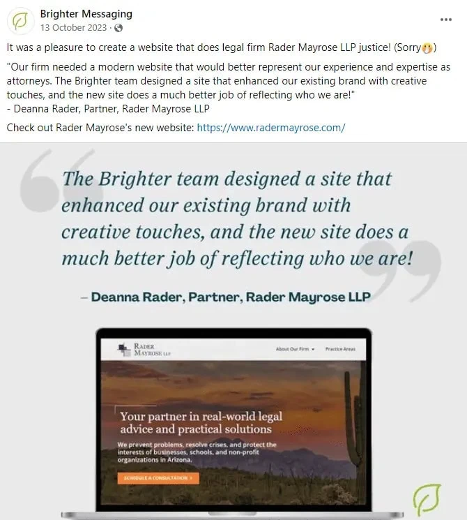 Social media post featuring a legal firm website redesign testimonial and homepage preview, illustrating how to market a service business through client success stories and branding.