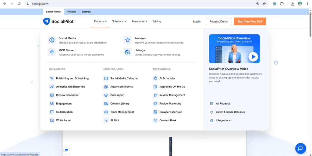 SocialPilot website as an example of a mega menu