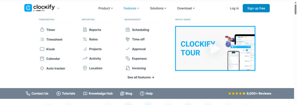 Example of a video in a mega menu from the Clockify website