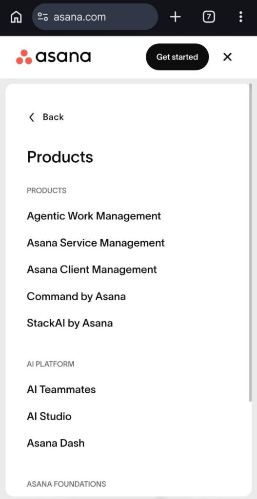 How Asana's mega menu appears on mobile